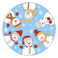 Cute Christmas snowmen are looking out of the circle