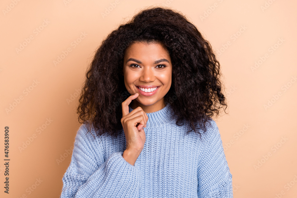 Canvas Prints Photo of young cheerful pretty girl finger touch chin thoughtful isolated over beige color background