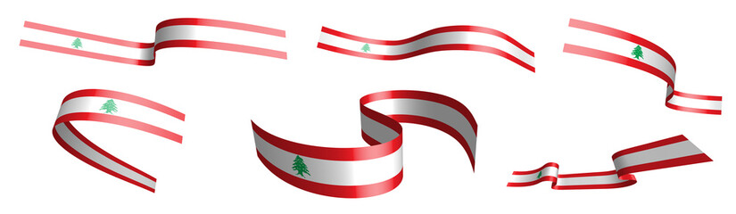 Set of holiday ribbons. flag of LEBANON waving in wind. Separation into lower and upper layers. Design element. Vector on white background - obrazy, fototapety, plakaty
