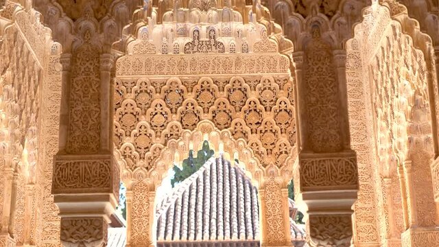court of lions (Patio De Los Leones) Pillars Showcasing Detailed Islamic Architecture in Granada, Spain