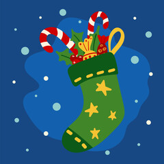 Christmas sock with sweets. Vector doodle for decoration of New Year and Christmas cards, stickers, posters, various stationery.