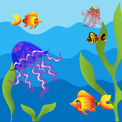 Fototapeta na wymiar Colorful jellyfish and fish in blue water with green algae