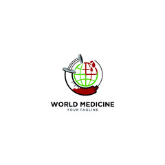 Logo about medicine or laboratory with a syringe and in the center of the world line drawing, perfect for icons working in the world health field