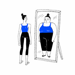 Weight loss concept - Young fit, slim woman looking at fat girl in mirror's reflection on white background.