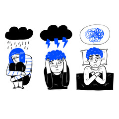 Psychology. Set of men and women with psychological problems on white background. Illnesses, mental disorders, psychiatry.