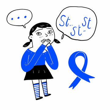Little girl with braid the hair covered her mouth with her hands. Concept of domestic violence, stuttering and secret.