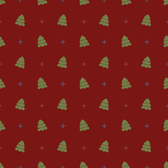 Christmas seamless pattern with isolated painted christmas trees, snowflakes on red background. Cute vector illustration for paper, textile, fabric, prints, wrapping, greeting cards, banners