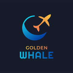 Modern Golden Whale Logo Design with Blue Wave