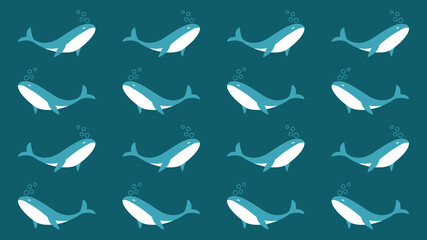 Seamless pattern with cartoon whale, narwhal, stars, décor elements. Colorful vector flat style. hand drawing. design for print, wrapper, fabric.