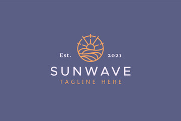 Sun and Wave Illustration Badge Logo. Creative Idea and Simple Vector Template Brand Identity.