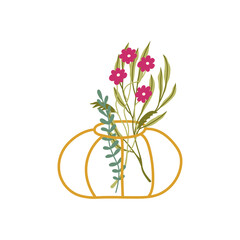 Floral bouquet in a vase. Hand drawn flat illustration. Vector isolated on white background. 
