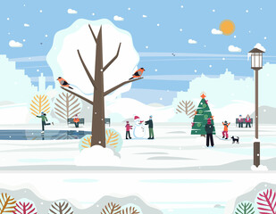 Winter city landscape. Park with trees, skating rink, snowman, Christmas tree and people. Vector flat illustration.