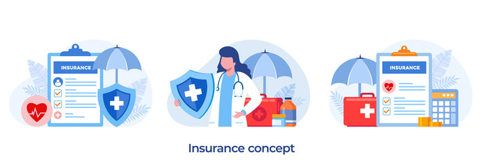 health insurance claim, protection concept, umbrella, healthcare, landing page flat illustration vector template