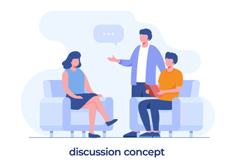 discussion, brainstorming, teamwork, idea, conversation or communication, flat vector template and background
