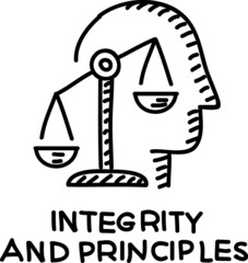 Integrity and principles. Head with the weight scales inside Morality. Sketchy vector hand-drawn illustration.
