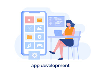 Application development illustration. UI and UX designer. Mobile apps developer vector flat design and background