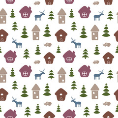 Fototapeta premium Christmas seamless pattern with isolated painted houses, rabbits, deer on white background. Cute vector illustration for paper, textile, fabric, prints, wrapping, greeting cards, banners