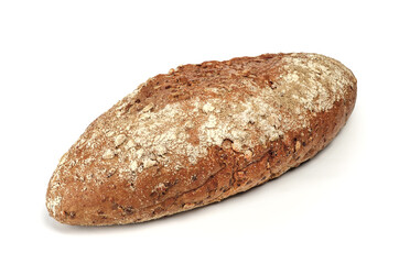 Baguette of fresh brown bread on white background