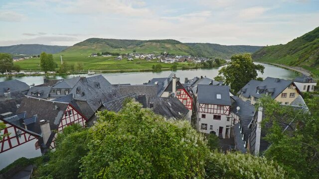 Beilstein, Germany - August 17 2020: View of the village, valley and the river. Beilstein is also known as the Sleeping Beauty of the Moselle.