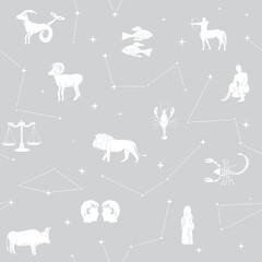 gray vector seamless pattern - Zodiac animals and stars