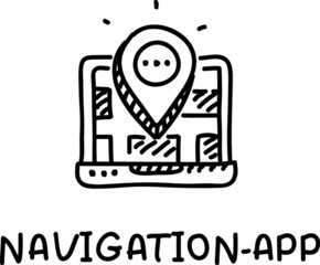 Navigation app. Sketchy mobile phone with the navigation application PIN Entry. Sketchy vector hand-drawn illustration.