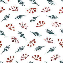 Christmas seamless pattern with isolated painted branches, winter berries on white background. Cute vector illustration for paper, textile, fabric, prints, wrapping, greeting cards, banners