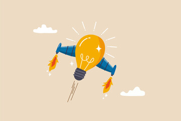 Boost creative idea, imagination, innovation or technology to help success, invent new solution to win business competition concept, bright lightbulb idea with rocket booster flying fast into the sky.