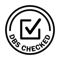 DBS Checked icon. Round stamp with check mark inside. Disclosure and Barring Service.