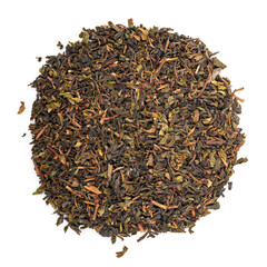 Black tea on a white background. Tea pouring. Whole leaf tea