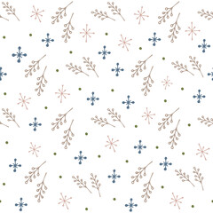 Christmas seamless pattern with isolated painted branches, snowflakes on white background. Cute vector illustration for paper, textile, fabric, prints, wrapping, greeting cards, banners