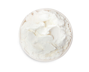 Bowl of tasty cream cheese isolated on white, top view