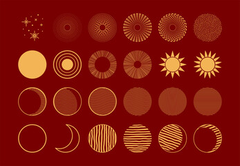 Traditional Asian celestial design elements collection, sun, moon, stars, gold on red. Vector illustration. Concept, clipart Chinese Lunar New Year, Mid Autumn Festival, card, banner, poster, decor.