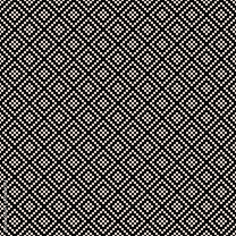Poster Pixelated white rhombuses on a black background. Diamonds are made up of small white pixels. Vector seamless pixel rhombuses.