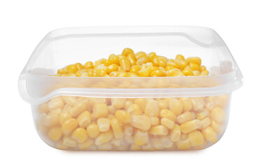 Fresh corn kernels in plastic container isolated on white