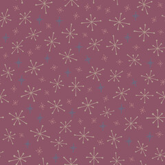 Christmas seamless pattern with isolated painted snowflakes on purple background. Cute vector illustration for paper, textile, fabric, prints, wrapping, greeting cards, banners