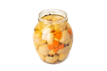 pickled mushrooms in a glass jar isolated