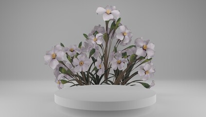 3D rendering flower background white and yellow color with geometric shape podium for product display, minimal concept, Premium illustration pastel floral elements, beauty, cosmetic, valentines day.