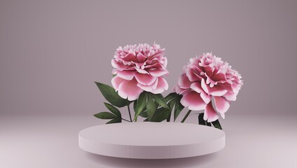 3D rendering rose flower background pink color with geometric shape podium for product display, minimal concept, Premium illustration pastel floral elements, beauty, cosmetic, valentines day.