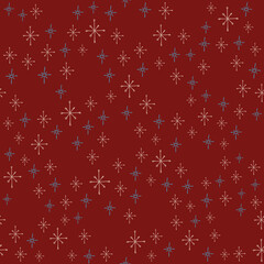 Christmas seamless pattern with isolated painted snowflakes on red background. Cute vector illustration for paper, textile, fabric, prints, wrapping, greeting cards, banners