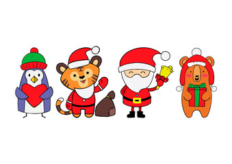 Vector illustration isolated on white background. Set of animals tiger, bear, penguin and Santa Claus. Christmas elements for design, invitations and greeting cards.