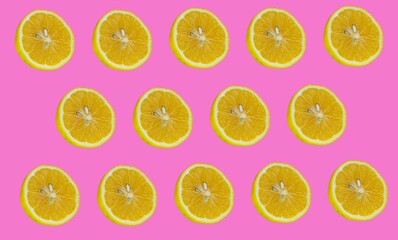 Lemon slices pattern, top view of lemon slices isolated on a pink background.