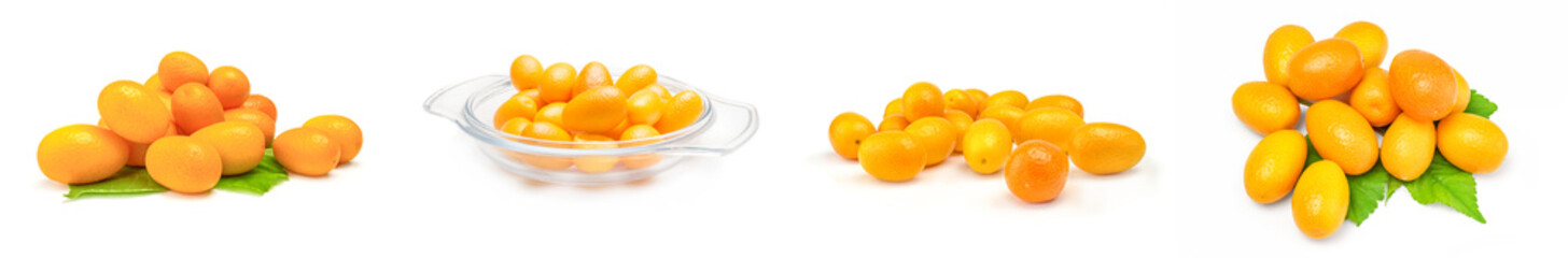 Set of cumquats over a white background