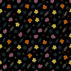 Christmas seamless pattern with isolated painted winter flowers, berries, snowflakes on black background. Cute vector illustration for paper, textile, fabric, prints, wrapping, greeting cards, banners