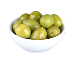 Large green olives in a white bowl, isolated on a white background