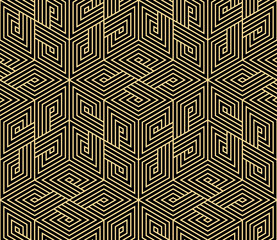 Abstraktes geometrisches Muster mit Streifen, Linien. Nahtloser Vektorhintergrund. Gold und schwarze Verzierung. Einfaches Gittergrafikdesign