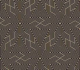 Stof per meter Abstract geometrisch patroon met strepen, lijnen. Naadloze vectorachtergrond. Goud en zwart ornament. Eenvoudig rooster grafisch ontwerp © ELENA