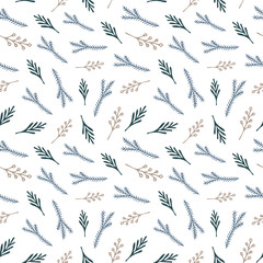 Christmas seamless pattern with isolated painted branches on white background. Cute vector illustration for paper, textile, fabric, prints, wrapping, greeting cards, banners