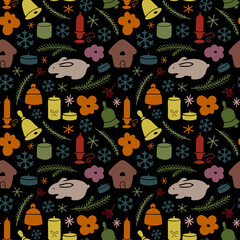 Christmas seamless pattern with isolated painted rabbits, bells, candles, branches on black background. Cute vector illustration for paper, textile, fabric, prints, wrapping, greeting cards, banners