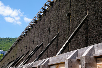 The cooling tower is a structure made of bundles of twigs of blackthorns, through which the water...