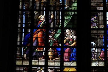Obraz na płótnie Canvas Stained Glass Window Detail Depicting the Annunciation at the Oude Kerk Church in Amsterdam, Netherlands